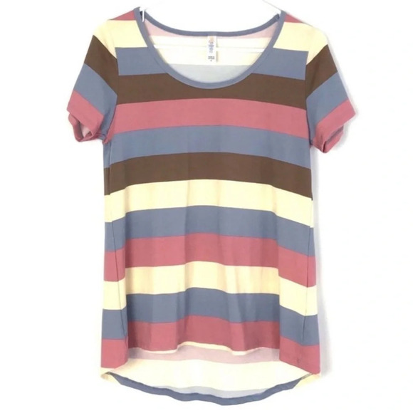 Lularoe Wide Striped Tunic T-shirt High Low Tee Womens Size XS Top Pink Blue EUC - Picture 1 of 6